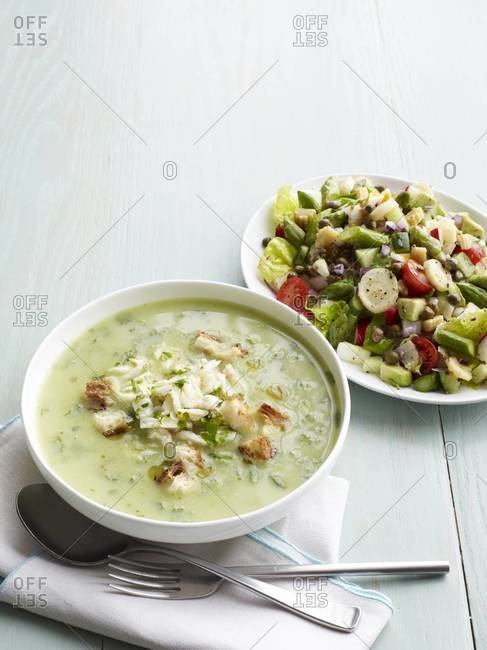 Creamy broccoli soup and chopped salad