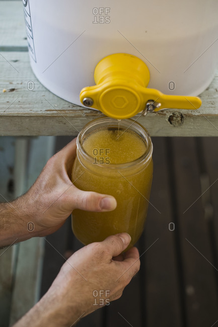 Man pouring honey extract in a bottle