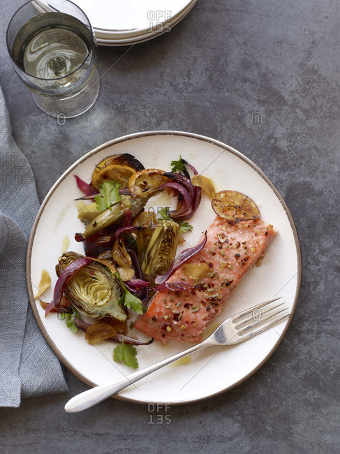 Roasted salmon fillet with roasted vegetables