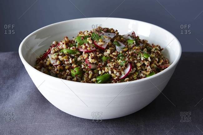White bowl with grain and bean salad with radishes