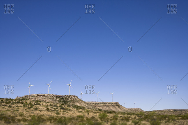 Wind turbines in arid landscape, West Texas, Texas, United States