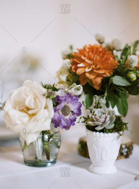 Floral centerpieces on wedding table