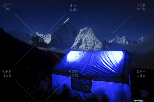 Ama Dablam behind a mess tent in Pokalde base camp, Nepal