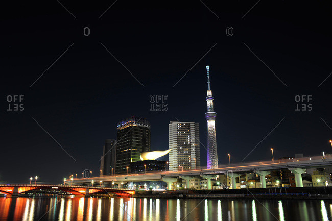 Sumida river and Skytree at night, Tokyo, Japan