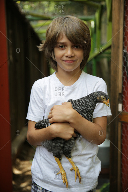 Boy holding a chicken