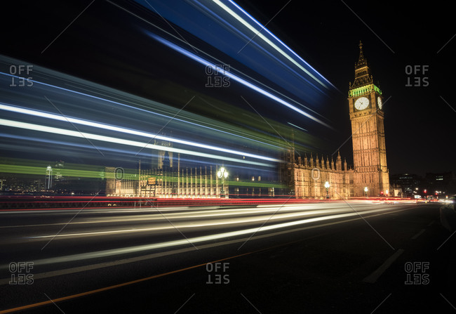 Long exposure view of Big Ben and Houses of Parliament at River Thames, London, England