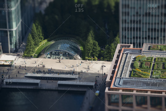 An aerial view of the entrance to Canary Wharf station on the Isle of Dogs