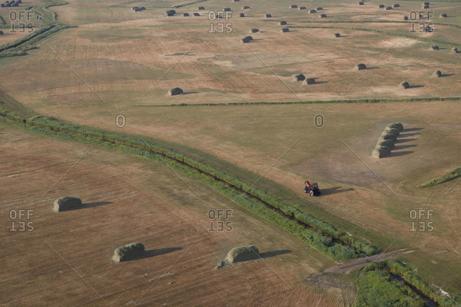 An aerial view of a farmers field after the first cut of hay in Wyoming