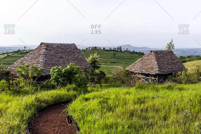 Thatched-roofed safari tents in a lodge overlooking rolling hills covered in farmland