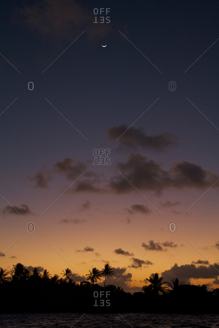 A sliver of a crescent moon sits above the atoll\'s palm trees after sundown on Ahe atoll.