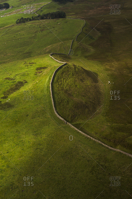 Aerial view of a section of Hadrian\'s Wall in Northumberland