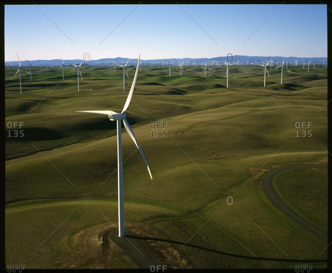 Giant wind turbines in a field at Montezuma Hills, California