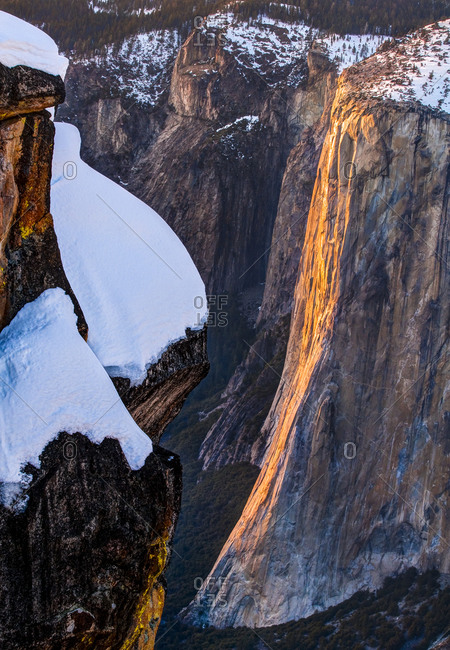 Landscape of El Capitan and Horse Tail Falls in Yosemite National Park, California, USA