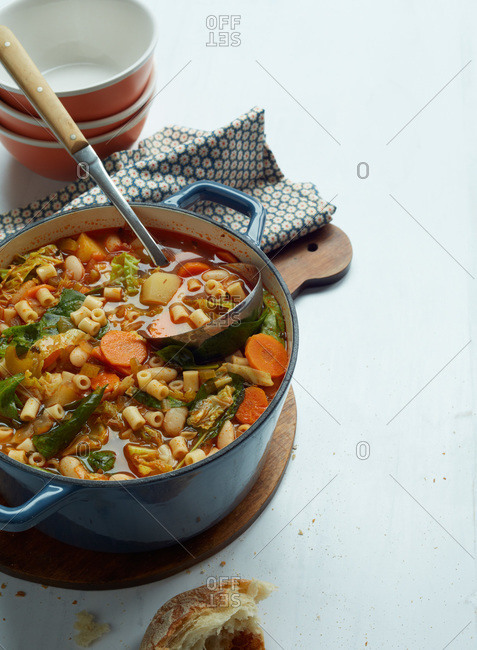 Still life of classic minestrone soup with pasta