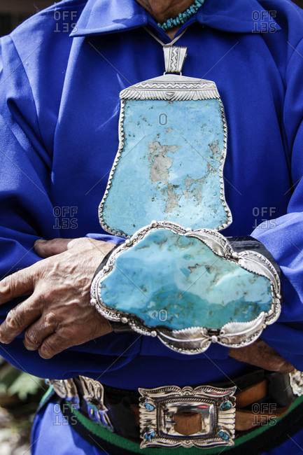 Hopi Indian wearing turquoise jewelry