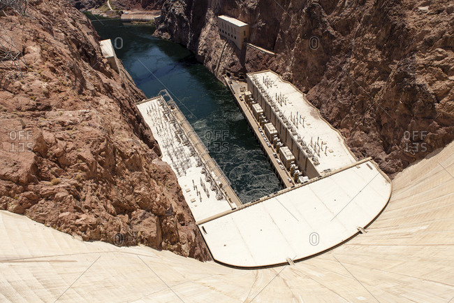 The Hoover Dam, a massive environmental engineering project, controls the flow of water from Lake Mead to the lower Colorado River.