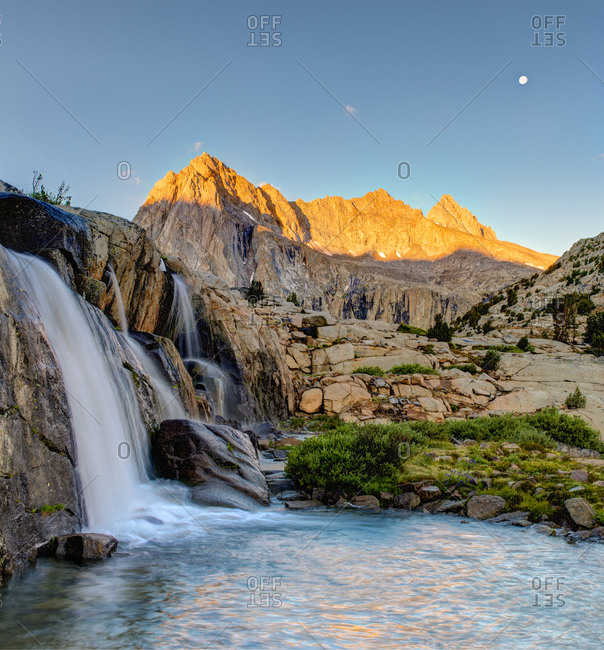 Picture Peak and Moonlight Falls with full moon, High Sierra