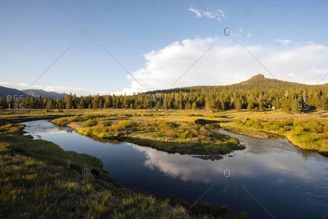 The West Fork of the Carson River at sunset with Hawkins Peak in the background in Hope Valley, California