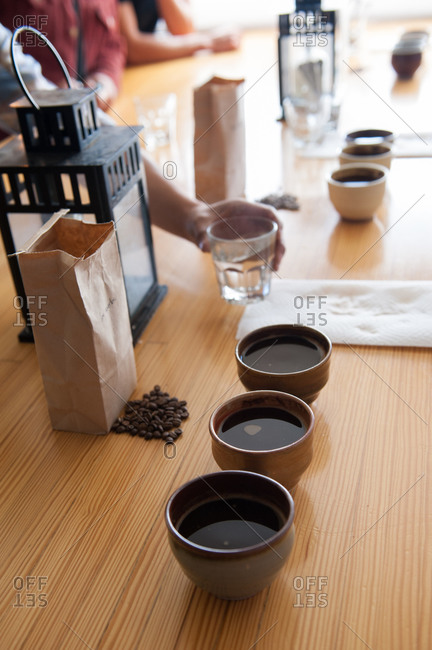 Coffee cups set up for a coffee tasting