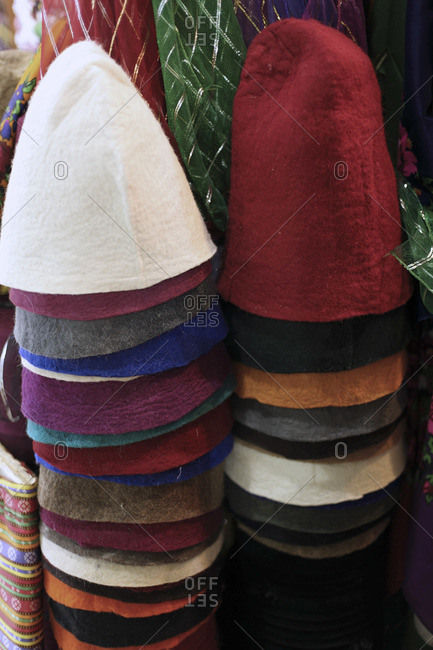 Fleece caps for sale in a Turkish market