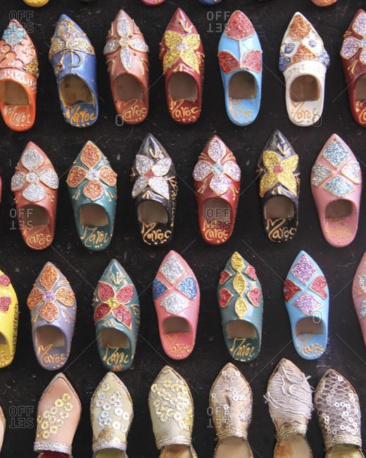 Traditional shoes at a street market in Morocco