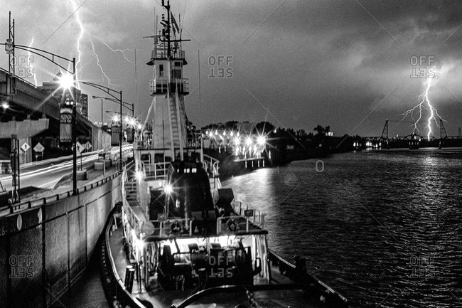 New York City Harbor - Circa - 2000: Lightning strike during a thunderstorm in NYC port