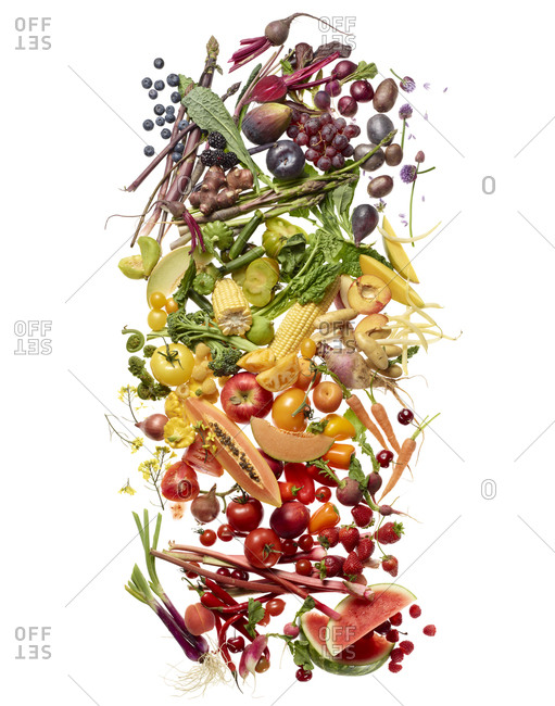 Top view of fruits and vegetables arranged in rainbow color