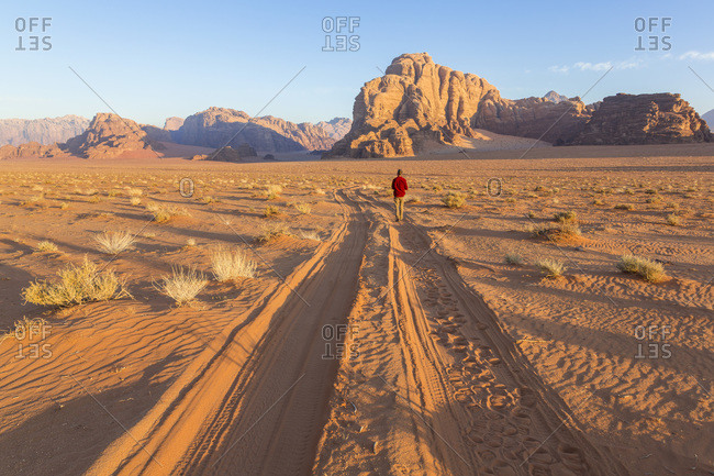 Man walking in the desert, Wadi Rum, Jordan