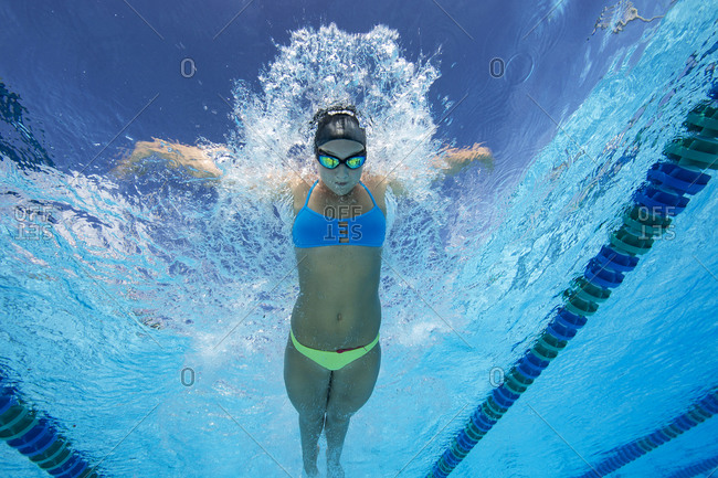 Female member of Duke University  swim team during winter training at Jacobs Aquatic Center, Key Largo, Florida