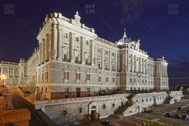 The Royal Palace of Madrid (Palacio Real de Madrid) illuminated at night. The official residence of the Royal Family of Spain