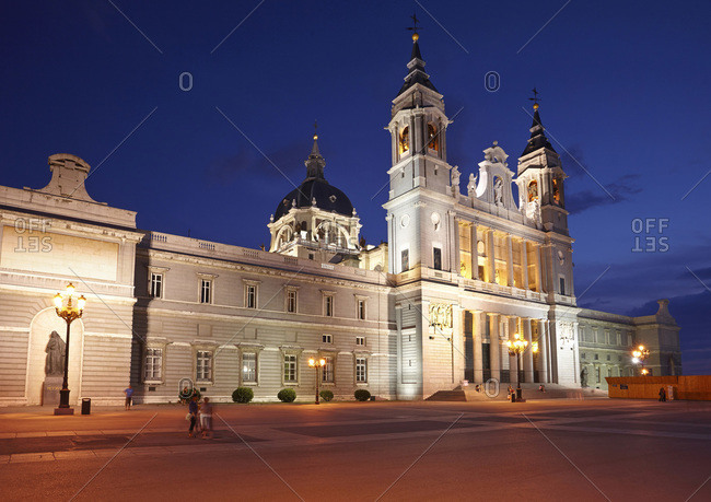 The Royal Palace of Madrid (Palacio Real de Madrid) illuminated at night. The official residence of the Royal Family of Spain