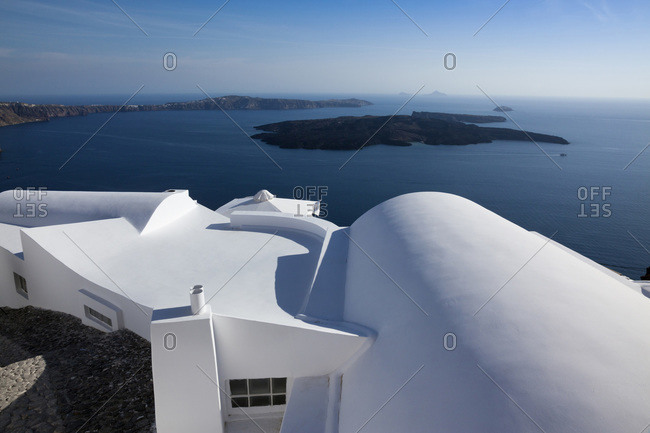 Whitewashed rooftop of hotel, Imerovigli, Santorini, Cyclades, Greek Islands, Greece