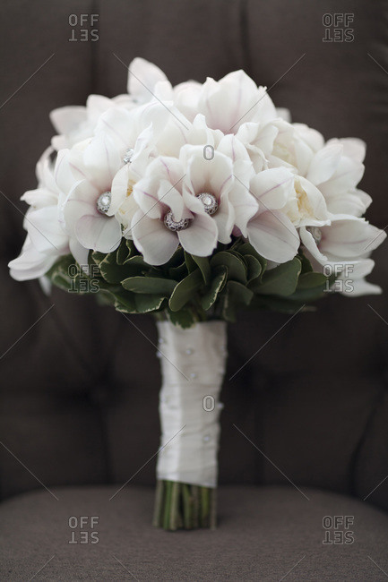 Close-up of wedding bouquet with gem stones, Canada