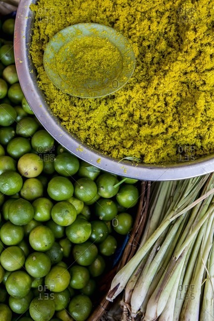 Curry paste, lemon grass and limes at a market in Cambodia