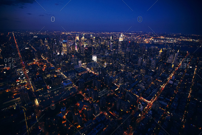 Aerial view of New York City at night, USA