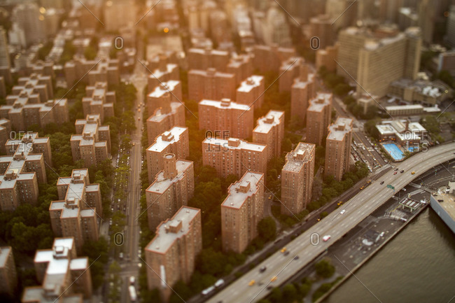Aerial view of the Stuyvesant Town-Peter Cooper Village at sunset in New York City, USA