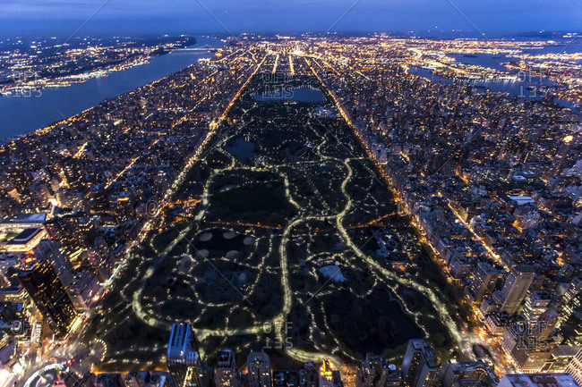 View of Central Park in New York City at night, USA