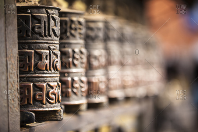 Prayer wheels at the temple complex at Swayambhunath, Kathmandu, Nepal