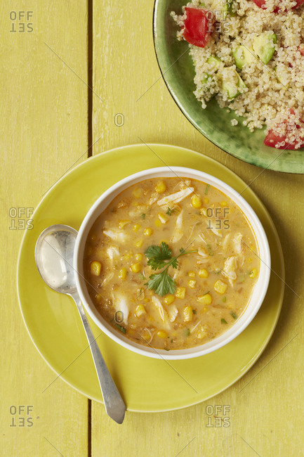Chicken and sweet corn soup with quinoa salad