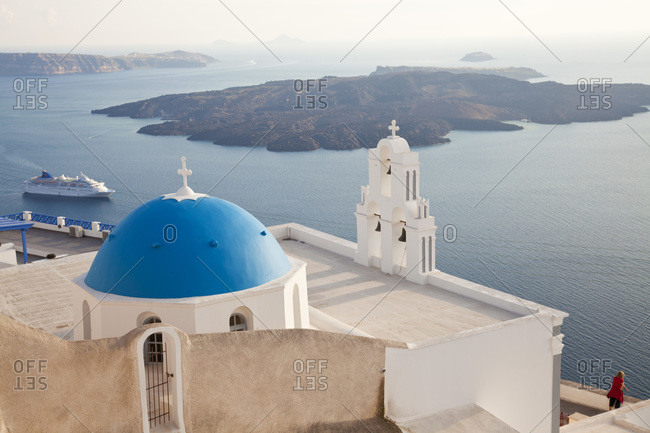 Church and cruise ship, Santorini, Greece