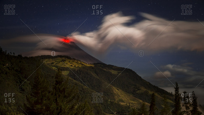 Tungurahua volcano erupting at night, Ecuador
