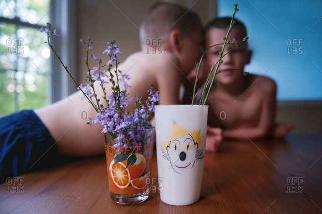 Boy telling whisper to his brother by dining table