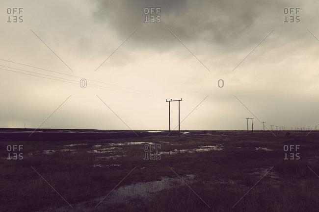 Landscape of Iceland with utility poles