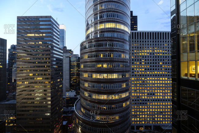 Modern office buildings at dusk in New York City