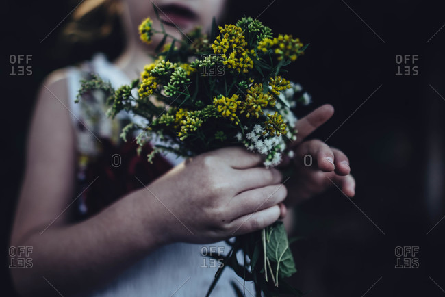 Mid section view of little girl holding wild flower bouquet