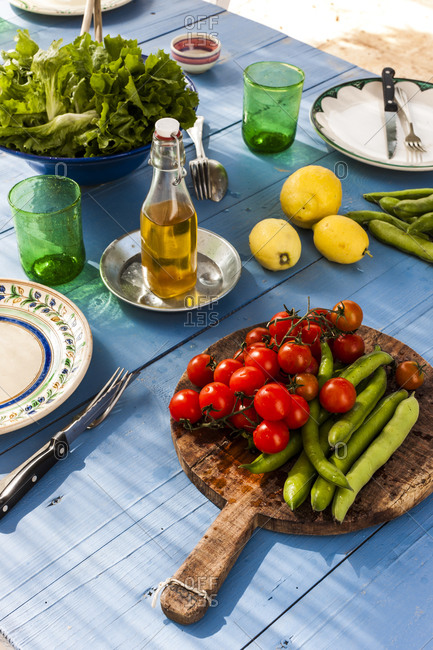 Table with picnic food in Puglia, Italy