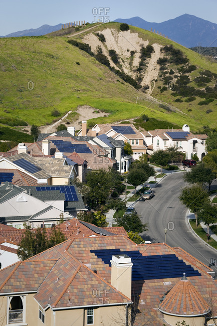 Solar panels on rooftops in eco friendly community