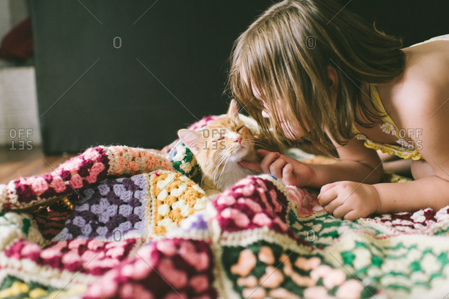 Little girl scratching a cat under the chin