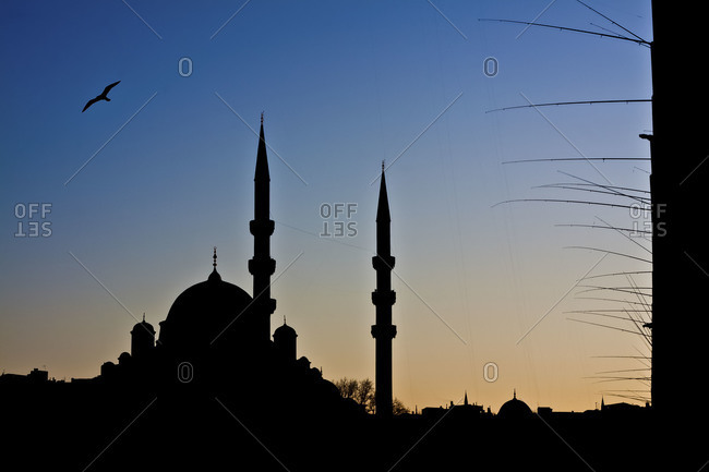 Silhouette of the Suleymaniye Mosque from Under the Galata Bridge at Sunset, Istanbul, Turkey