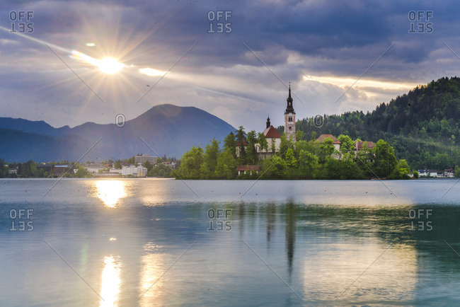 Lake Bled at sunrise with the Church on Lake Bled Island